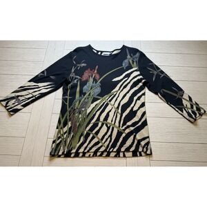 REGALIA WOMEN'S TOP SIZE S 3/4‎ SLEEVE BLACK ZEBRA FLORAL RHINESTON COTTON
